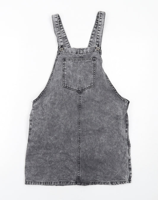 New Look Girls Grey Cotton Pinafore/Dungaree Dress Size 12 Years Square Neck Button
