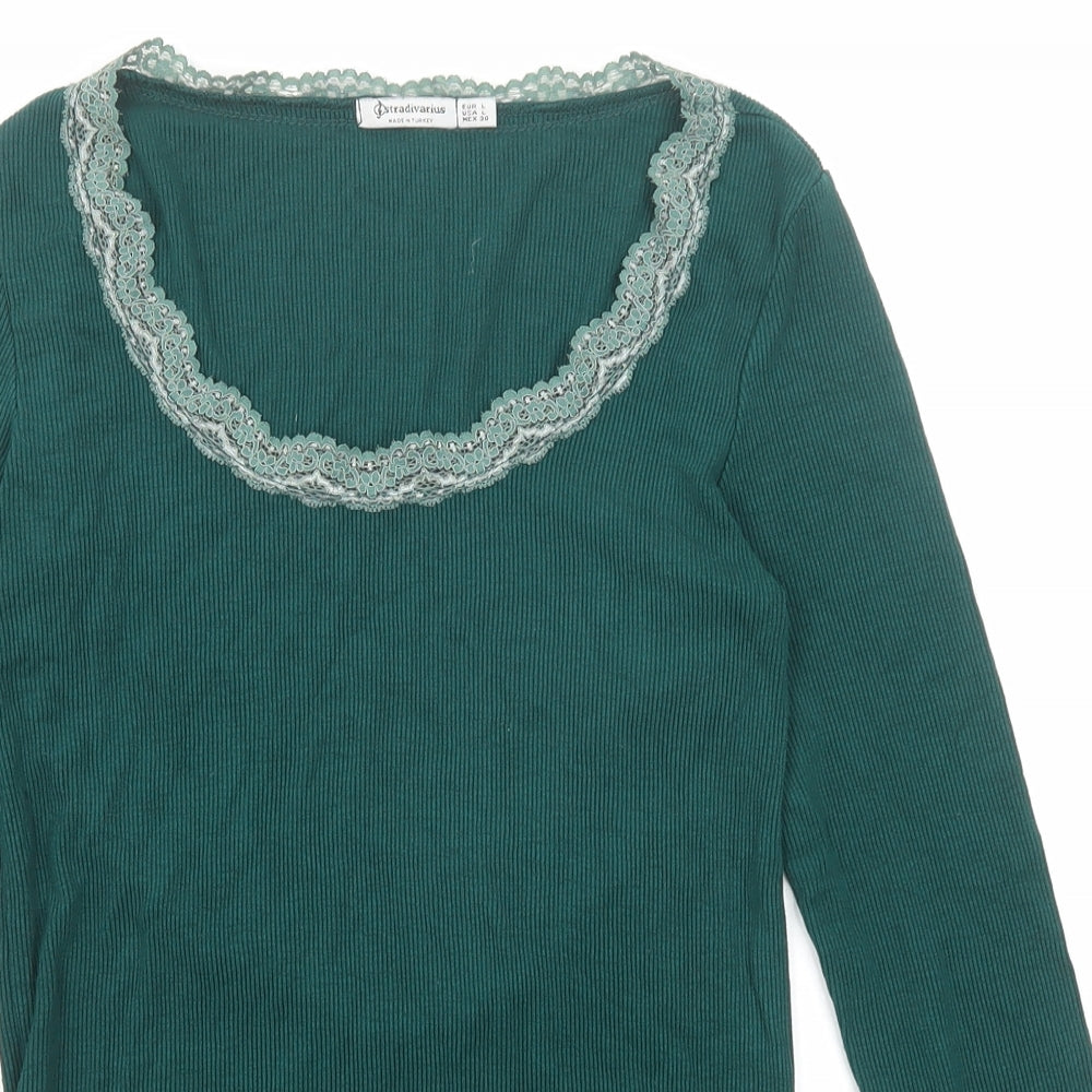 Stradivarius Womens Green Scoop Neck Viscose Pullover Jumper Size L - Lace Detail