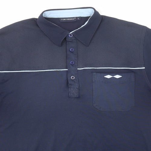 Tom Hagan Mens Blue Polyester Polo Size L Collared Button