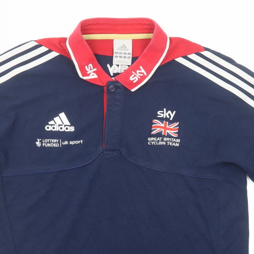 adidas Mens Blue Cotton Polo Size S Collared Button - Great Britain Cycling Team Size S-M