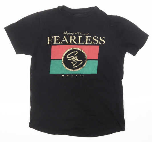 Supply & Demand Co. Boys Black Cotton Basic T-Shirt Size 12-13 Years Round Neck Pullover - Fearless
