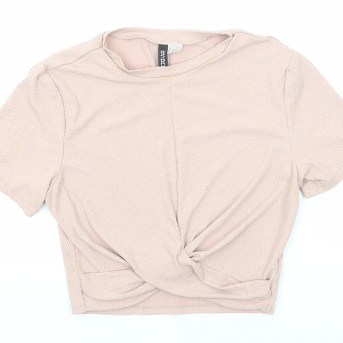 Divided by H&M Womens Pink Polyester Cropped T-Shirt Size M Round Neck - Knot Front