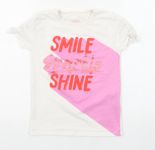 NEXT Girls White Cotton Basic T-Shirt Size 9 Years Round Neck Pullover - Smile Sparkle and Shine