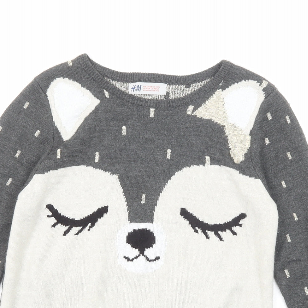 H&M Girls Grey Round Neck Geometric Acrylic Pullover Jumper Size 9-10 Years Pullover - Cat Print