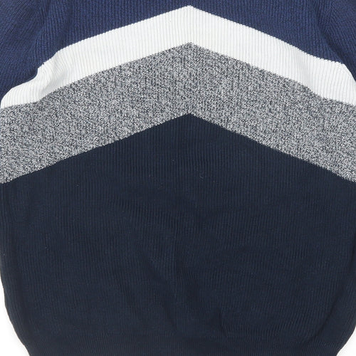 Marks and Spencer Mens Blue V-Neck Geometric Cotton Pullover Jumper Size S Long Sleeve