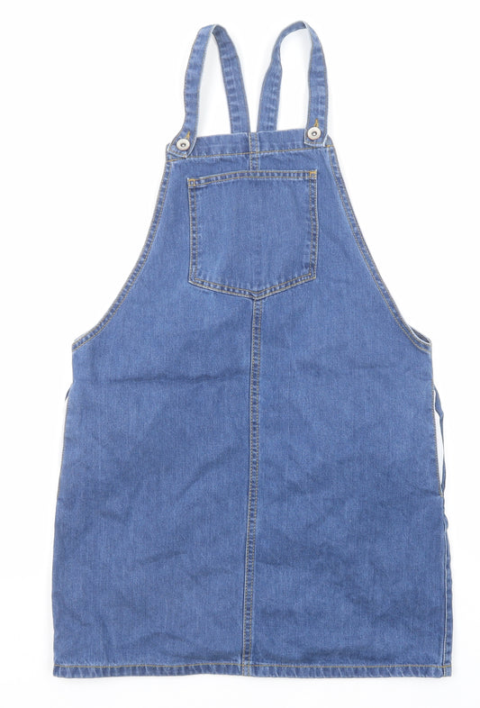 New Look Girls Blue Cotton Pinafore/Dungaree Dress Size 14 Years Square Neck Button