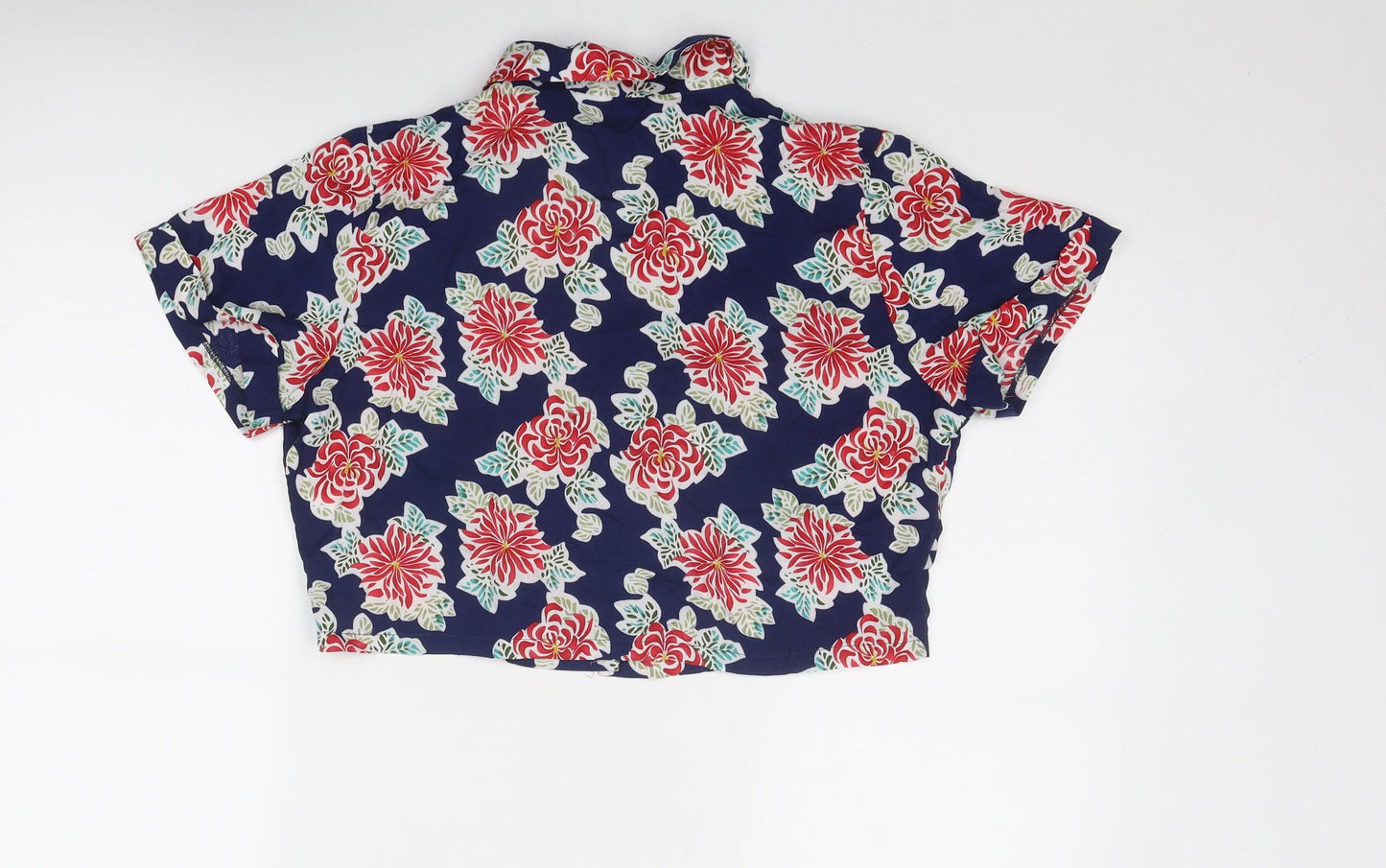 Emory Park Womens Blue Floral Viscose Cropped Button-Up Size M Collared
