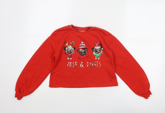 Lipsy Girls Red Cotton Pullover Sweatshirt Size 7-8 Years Pullover - Christmas Pug