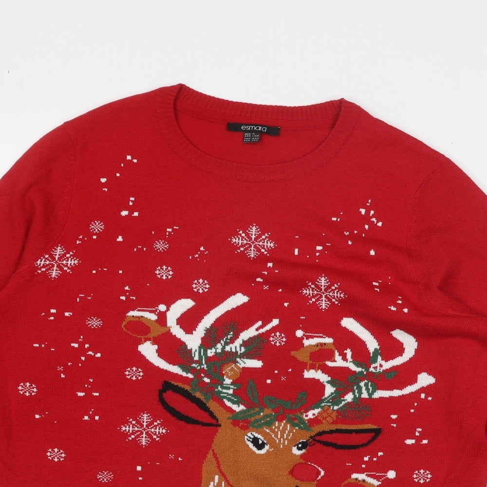 ESMARA Womens Red Round Neck Acrylic Pullover Jumper Size 12 - Size 12-14, Light up nose Reindeer