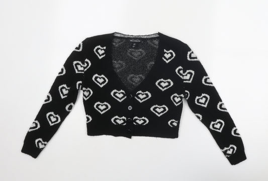 New Look Girls Black V-Neck Geometric Acrylic Cardigan Jumper Size 9 Years Button - Heart Print