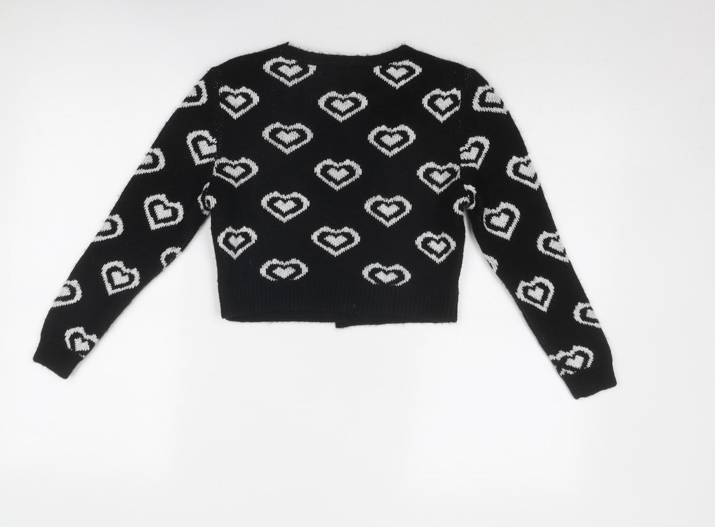 New Look Girls Black V-Neck Geometric Acrylic Cardigan Jumper Size 9 Years Button - Heart Print