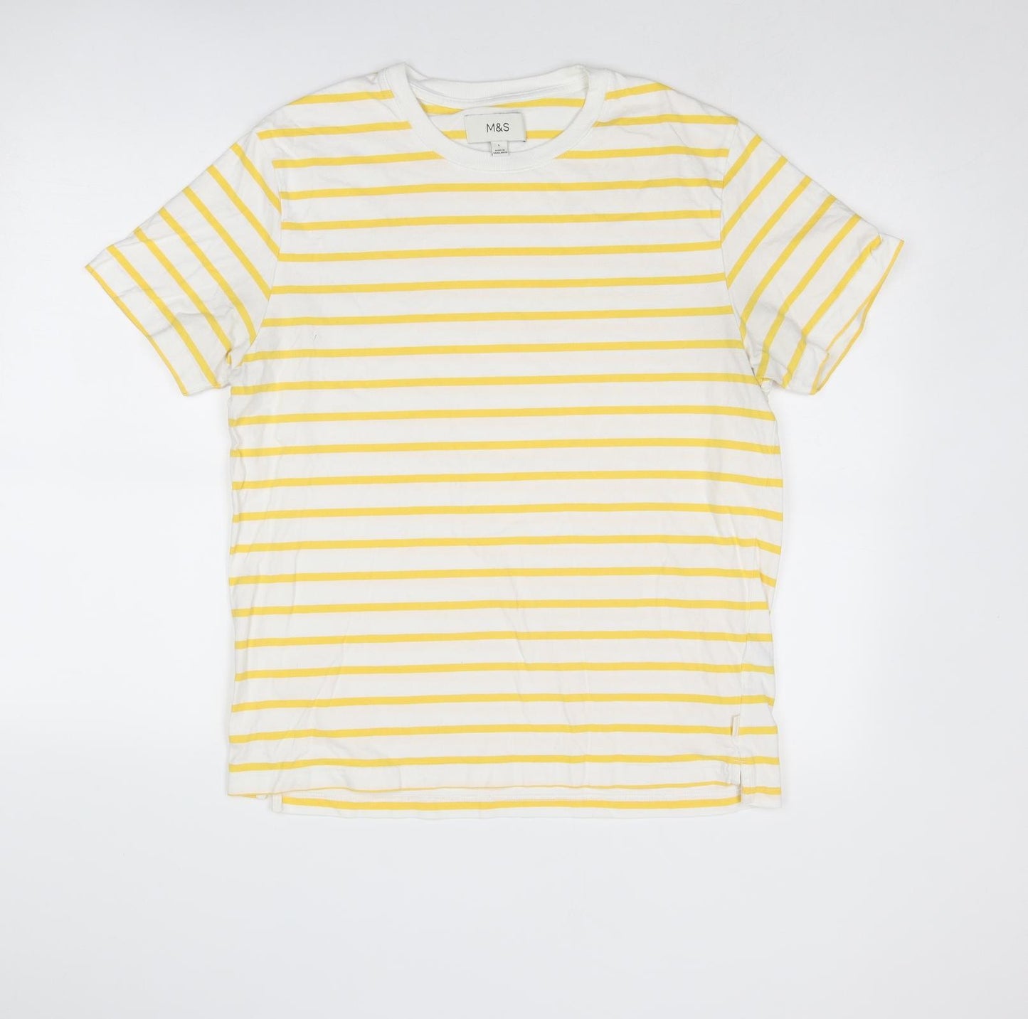 Marks and Spencer Mens Yellow Striped Cotton T-Shirt Size L Round Neck