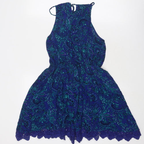 Ecoté Womens Blue Paisley Viscose Fit & Flare Size M Round Neck Tie - Crocheted Lace Trim