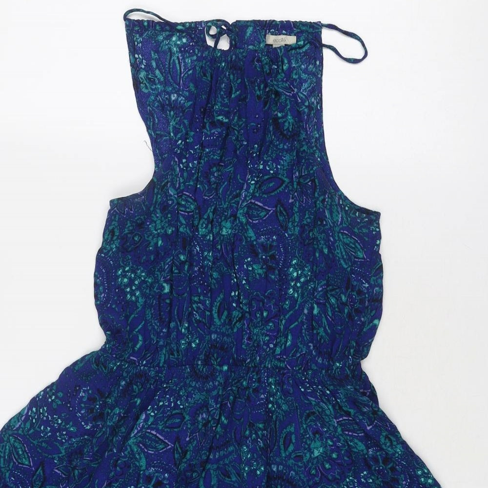 Ecoté Womens Blue Paisley Viscose Fit & Flare Size M Round Neck Tie - Crocheted Lace Trim