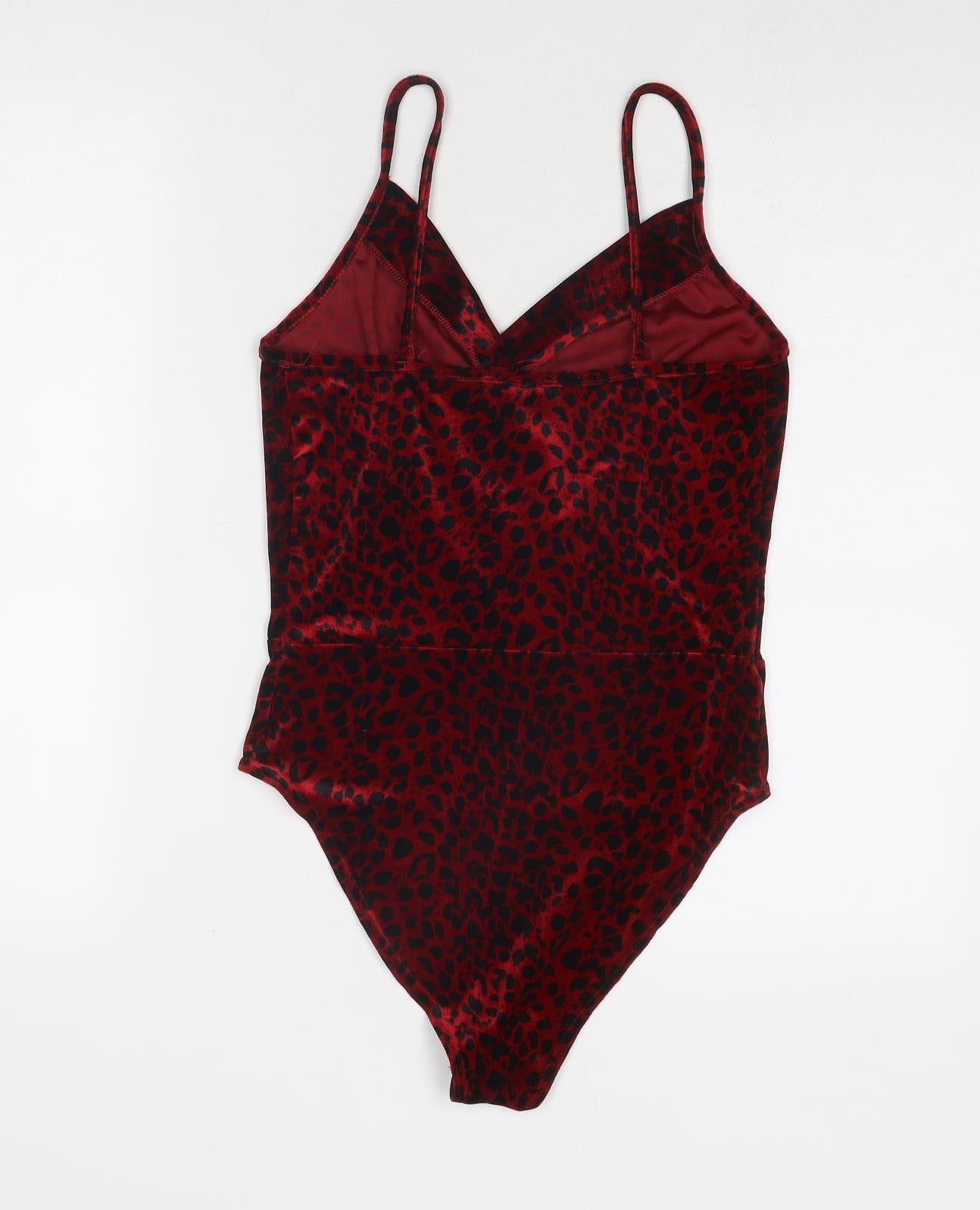 New Look Womens Red Animal Print Polyester Bodysuit One-Piece Size 12 Snap - Leopard Print