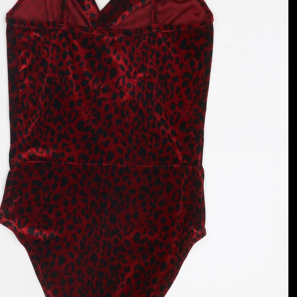 New Look Womens Red Animal Print Polyester Bodysuit One-Piece Size 12 Snap - Leopard Print