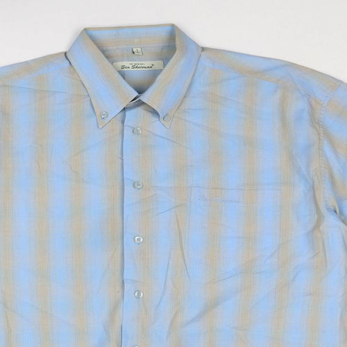 Ben Sherman Mens Blue Striped Polyester Button-Up Size L Collared Button