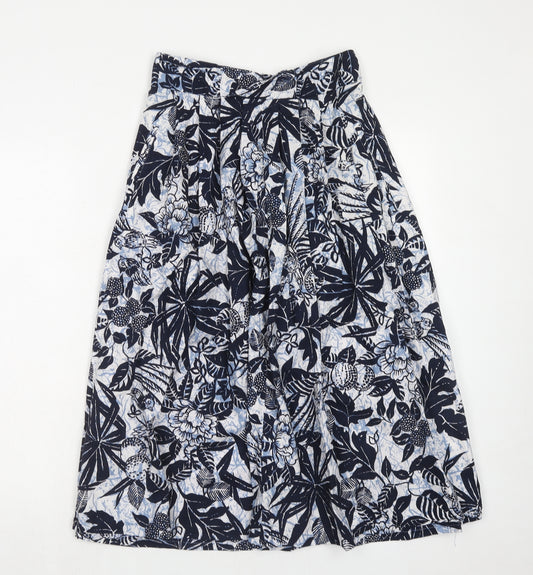 St Michael Womens Blue Floral Cotton Pleated Skirt Size 10 Zip