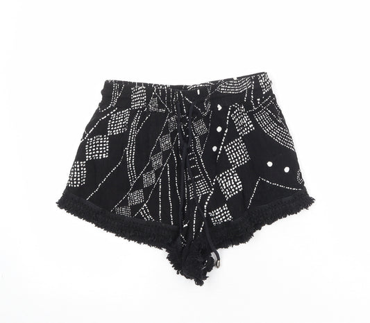 Milk & Honey Womens Black Geometric Viscose Hot Pants Shorts Size 8 Regular Drawstring - Crocheted Lace Trim