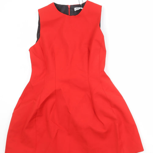 Zara Womens Red Polyester Shift Size M Round Neck Zip
