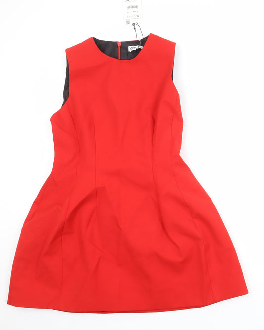 Zara Womens Red Polyester Shift Size M Round Neck Zip