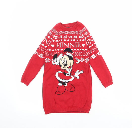 Disney Girls Red Fair Isle Cotton Jumper Dress Size 4-5 Years Crew Neck Pullover - Minnie Mouse Christmas