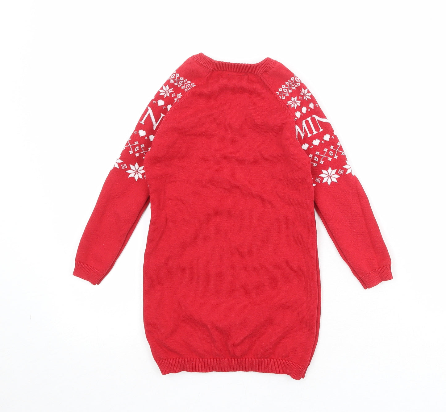 Disney Girls Red Fair Isle Cotton Jumper Dress Size 4-5 Years Crew Neck Pullover - Minnie Mouse Christmas
