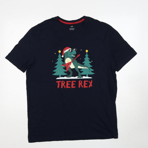 Marks and Spencer Mens Blue Cotton T-Shirt Size L Round Neck - Tree Rex Christmas