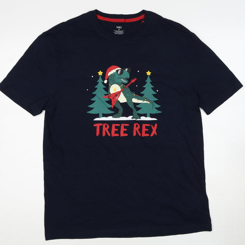 Marks and Spencer Mens Blue Cotton T-Shirt Size M Round Neck - Tree Rex Christmas
