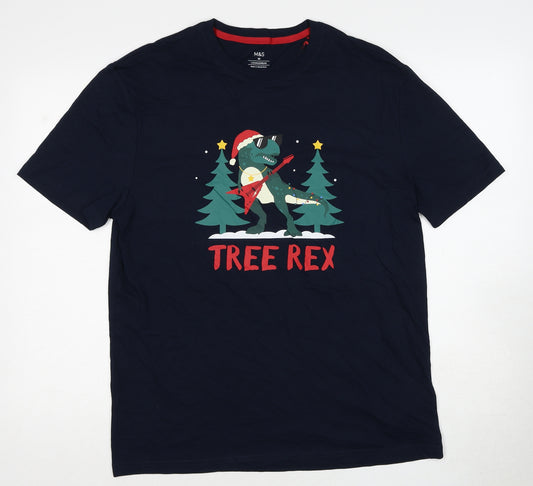 Marks and Spencer Mens Blue Cotton T-Shirt Size M Round Neck - Tree Rex Christmas