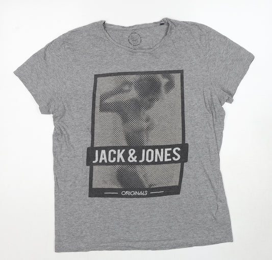 JACK & JONES Mens Grey Cotton T-Shirt Size S Round Neck