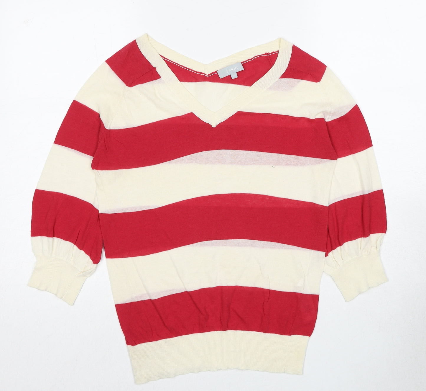 NICOLE FARHI Womens Red V-Neck Striped Cotton Pullover Jumper Size S