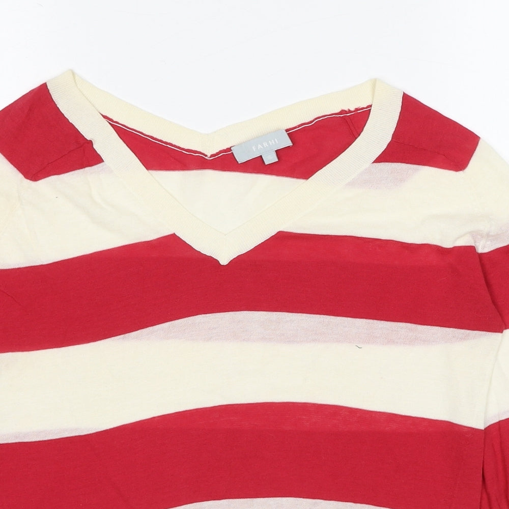 NICOLE FARHI Womens Red V-Neck Striped Cotton Pullover Jumper Size S