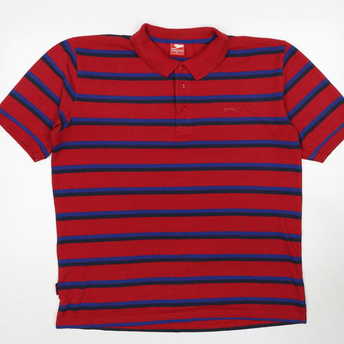 Slazenger Mens Red Striped Cotton Polo Size XL Collared Pullover