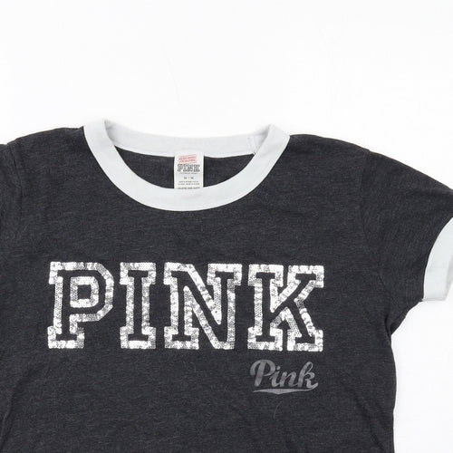 PINK Womens Grey Cotton Basic T-Shirt Size M Round Neck - Pink