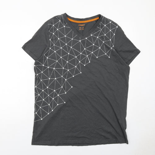 Livergy Mens Grey Geometric Cotton T-Shirt Size XL V-Neck