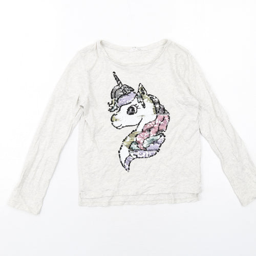 H&M Girls Grey Cotton Basic T-Shirt Size 7-8 Years Round Neck Pullover - Unicorn Print
