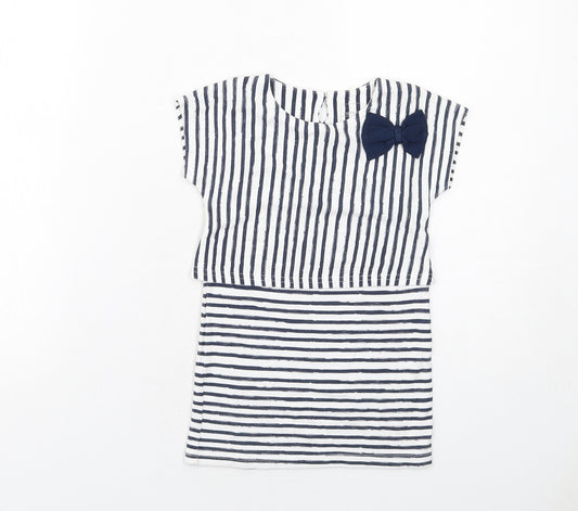 name it Girls Blue Striped Viscose T-Shirt Dress Size 5 Years Boat Neck Button
