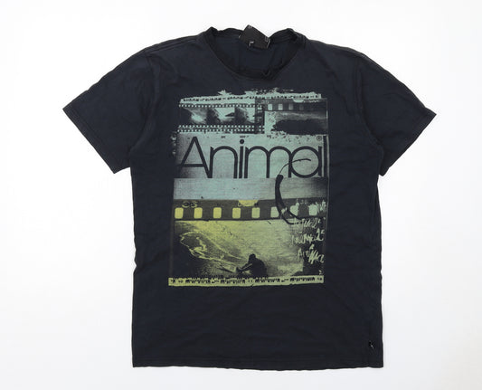 Animal Mens Black Cotton T-Shirt Size M Round Neck