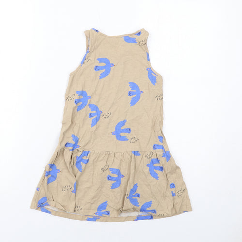 H&M Girls Beige Geometric Cotton Tank Dress Size 4-5 Years Boat Neck Pullover - Bird Pattern