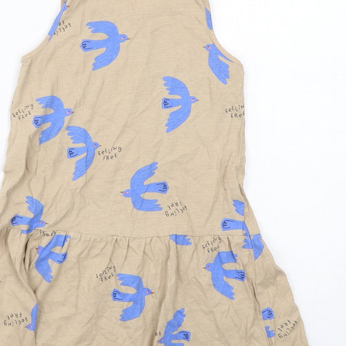 H&M Girls Beige Geometric Cotton Tank Dress Size 4-5 Years Boat Neck Pullover - Bird Pattern