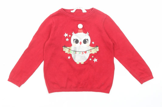H&M Girls Red Round Neck Cotton Pullover Jumper Size 2 Years Pullover - Owl Print