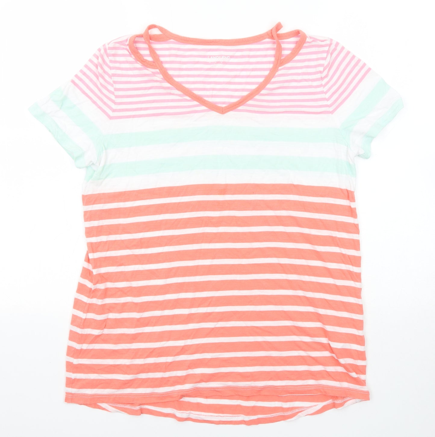 Lands' End Womens Multicoloured Striped Cotton Basic T-Shirt Size M V-Neck
