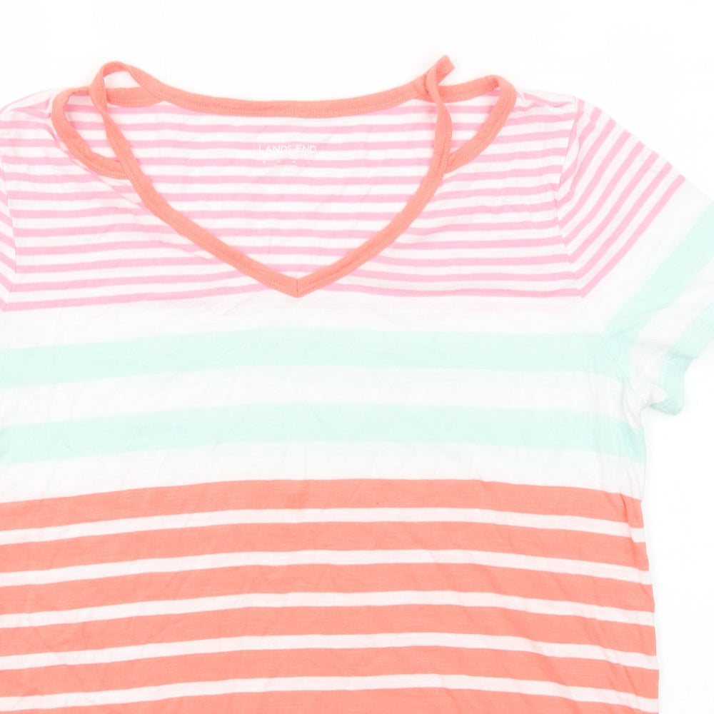 Lands' End Womens Multicoloured Striped Cotton Basic T-Shirt Size M V-Neck