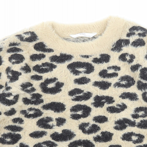 Marks and Spencer Girls Beige Crew Neck Animal Print Acrylic Pullover Jumper Size 11-12 Years Pullover - Leopard Print