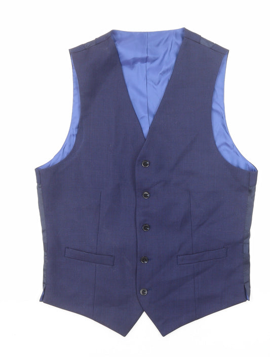 T.M.Lewin Mens Blue Wool Jacket Suit Waistcoat Size 38 Regular