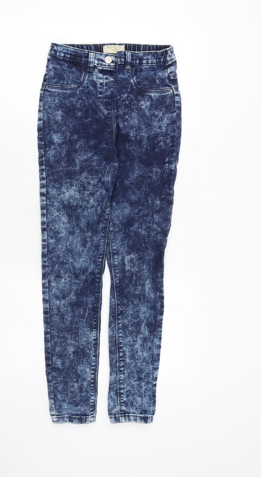 NEXT Girls Blue Cotton Skinny Jeans Size 12 Years Regular Zip - Acid Wash