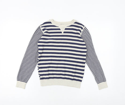 NEXT Boys Blue Round Neck Striped 100% Cotton Pullover Jumper Size 8 Years Pullover