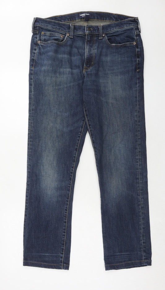 Landsend Mens Blue Cotton Straight Jeans Size 35 in Regular Zip