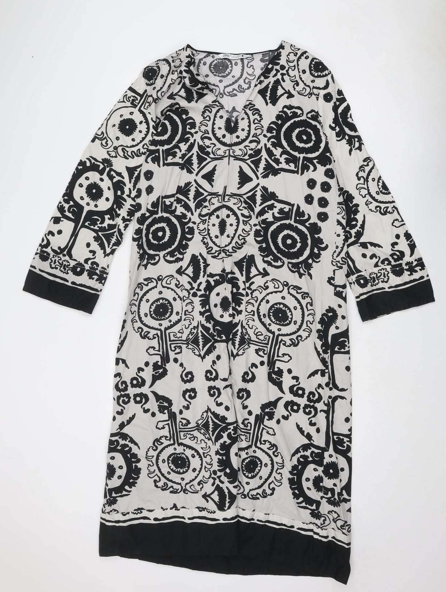 Zara Womens Black Geometric Polyester Kaftan Size L V-Neck Pullover